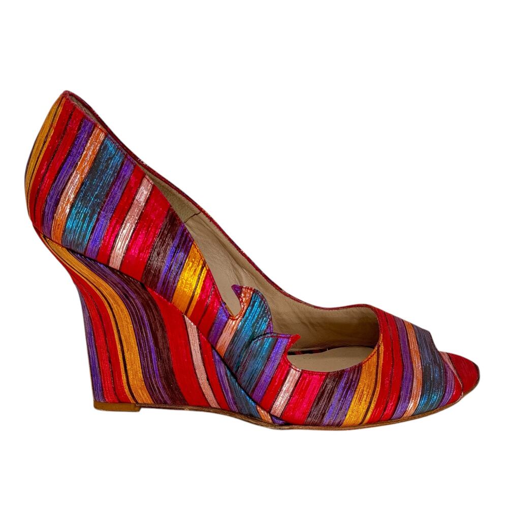 Beatrix Ong Satin Striped Wedge Heel Women's SZ 39 Rainbow Art Luxury Whimsy Fun - Picture 2 of 13